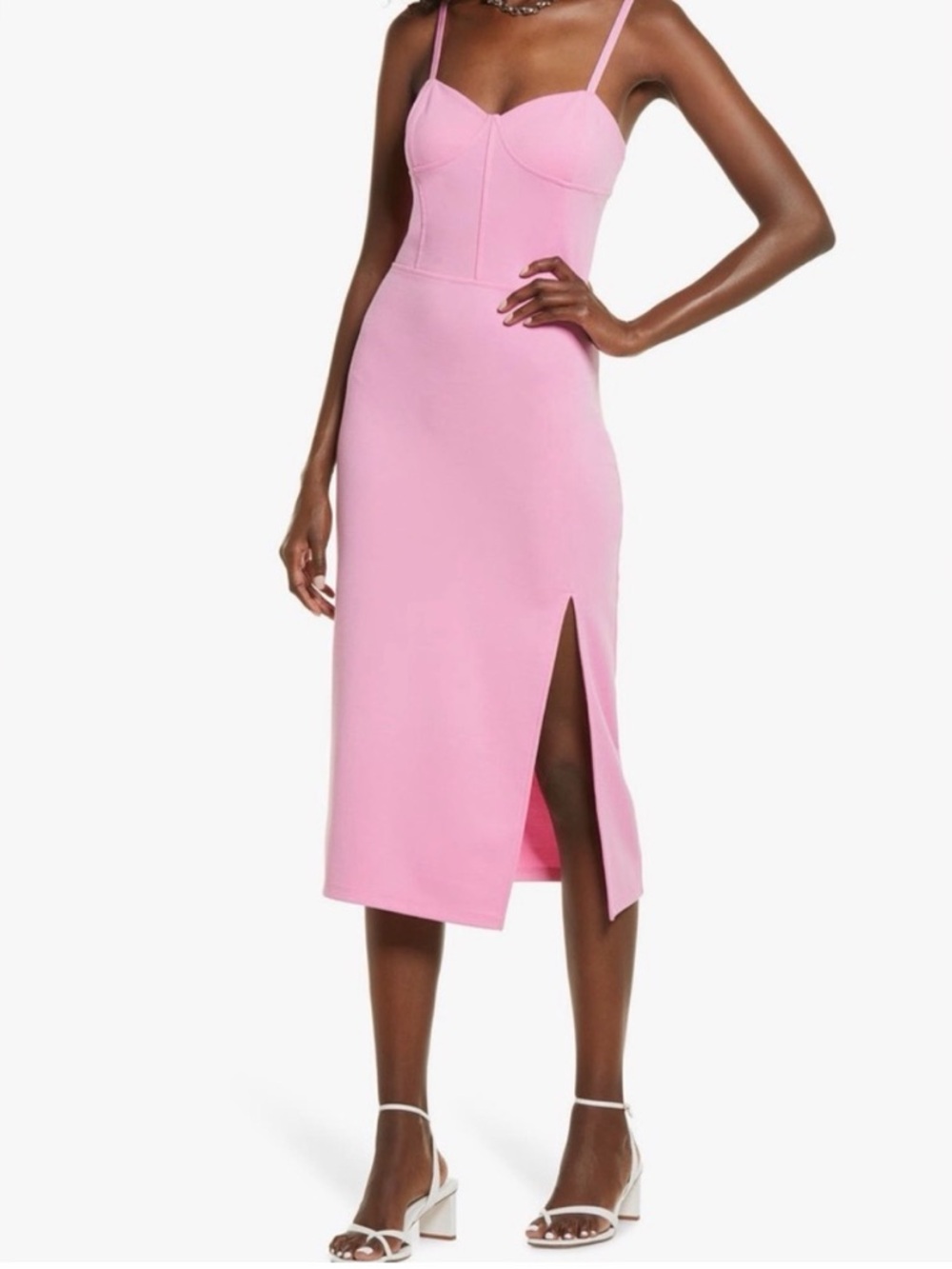 Fitted Pink Midi Slip Dress with Side Slit